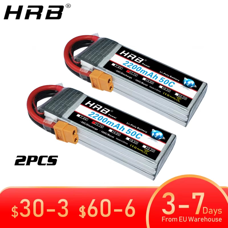 2PCS HRB 2S 3S 4S 5S 6S Lipo Battery 7.4V 11.1V 14.8V 22.2V 2000Mah 5000Mah 6000Mah 1500Mah RC Airplane FPV Drone Car Parts