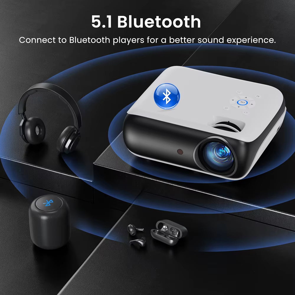 Native 1080P Bluetooth Projector, Full HD Portable Outdoor Movie Projector with Built-In Speaker, with HDMI, USB, AV