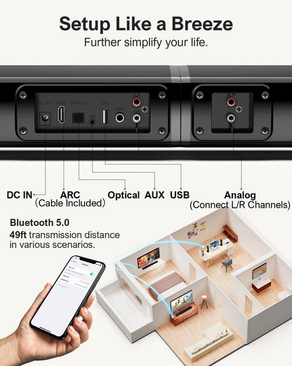 100W 2.2Ch TV Sound Bar, 2-In-1 Detachable Bluetooth Soundbar for TV, Bass Adjustable, 3 EQ Modes, Apollo S40 Series